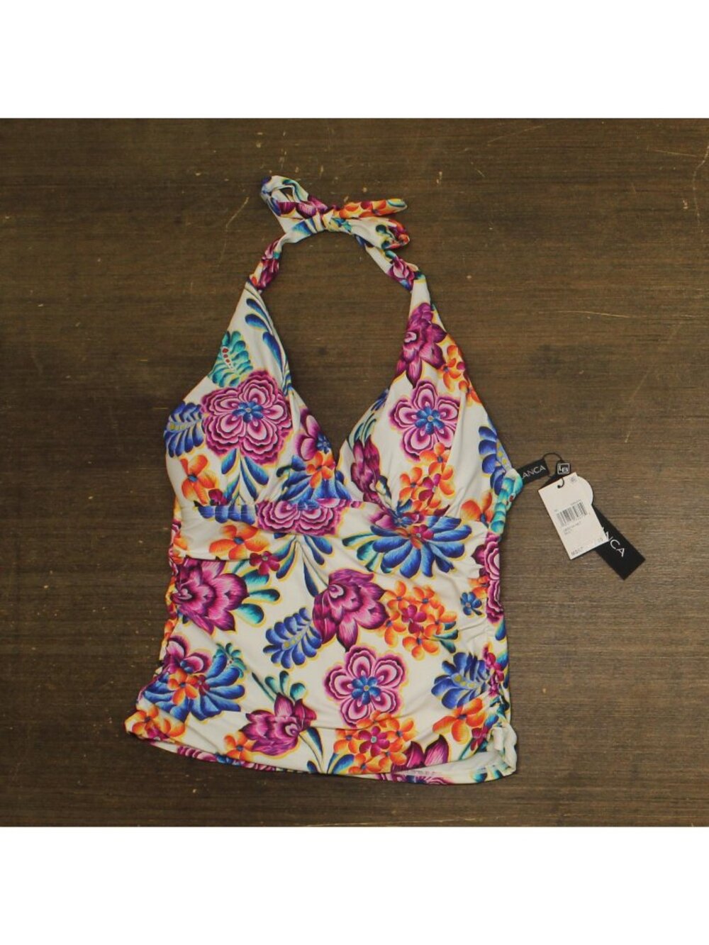 La Blanca V-Neck Halter Tankini Swimsuit Top Flor De Paradiso White Multi 10